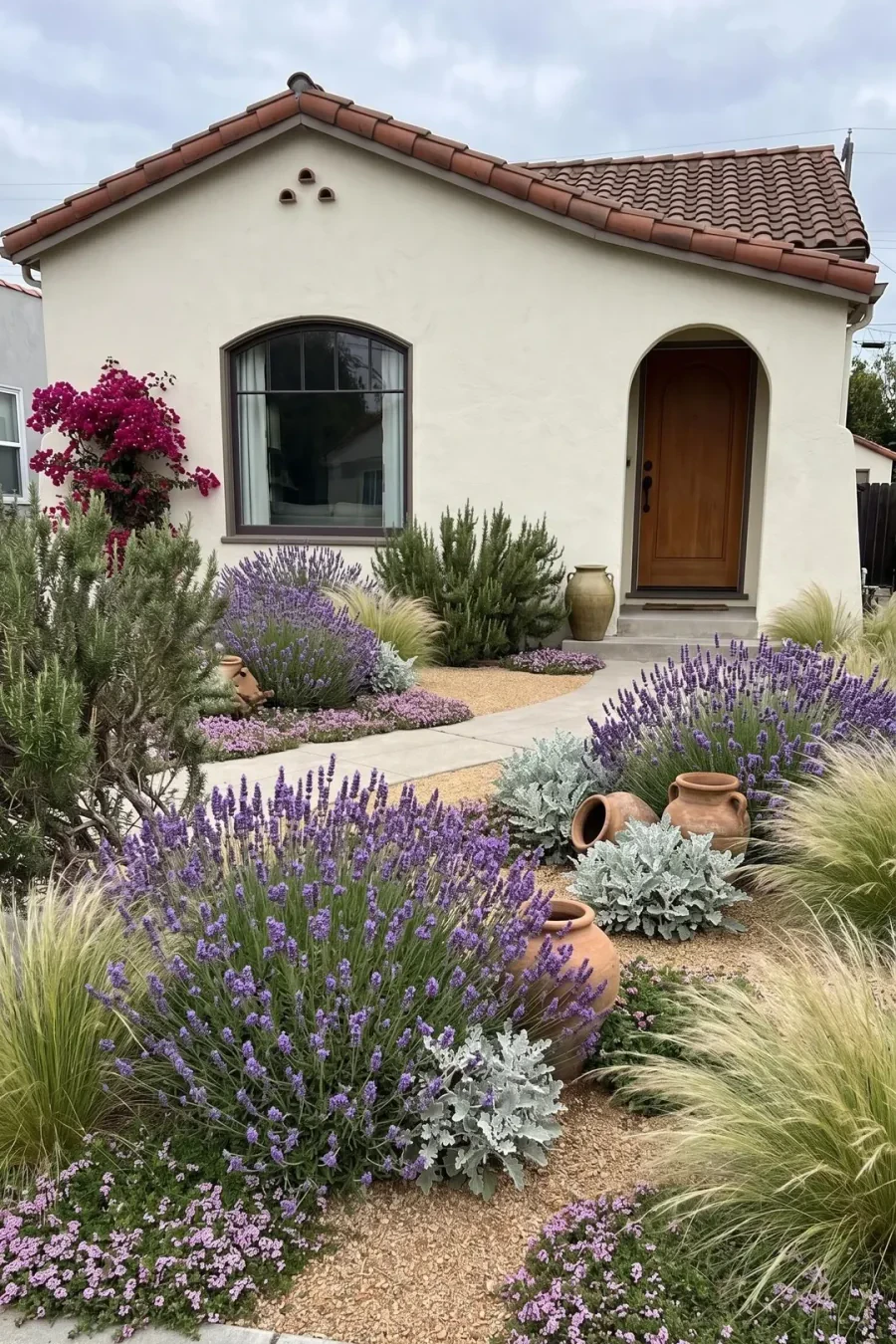 Gardenful visualization of a Mediterranean front yard with lavender, grasses, gravel, and terracotta accents
