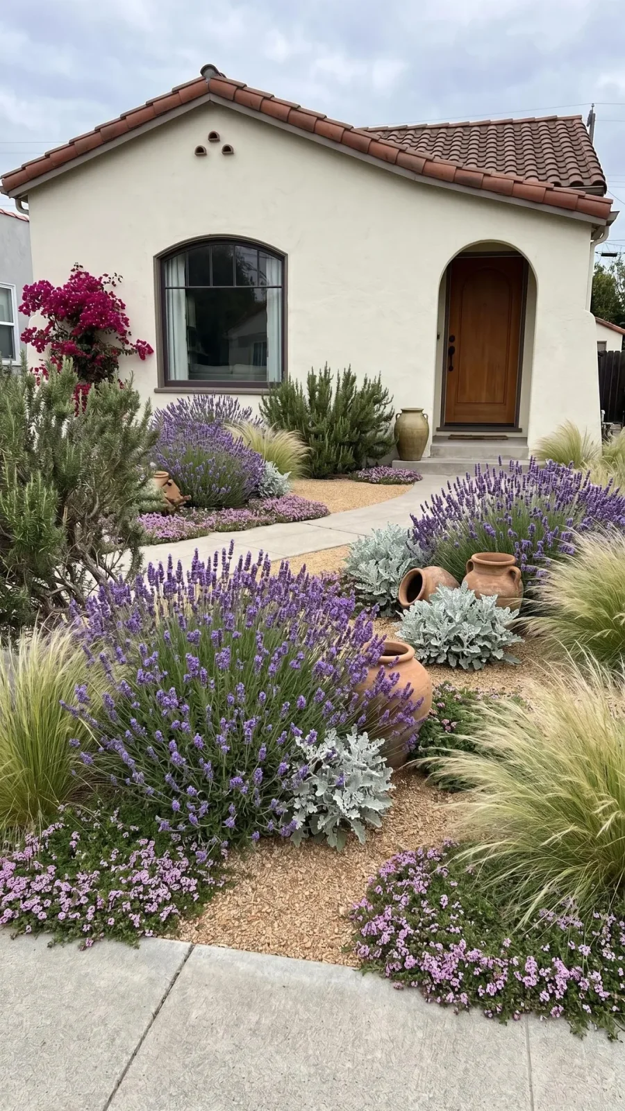 Gardenful visualization of a Mediterranean front yard with lavender, grasses, gravel, and terracotta accents