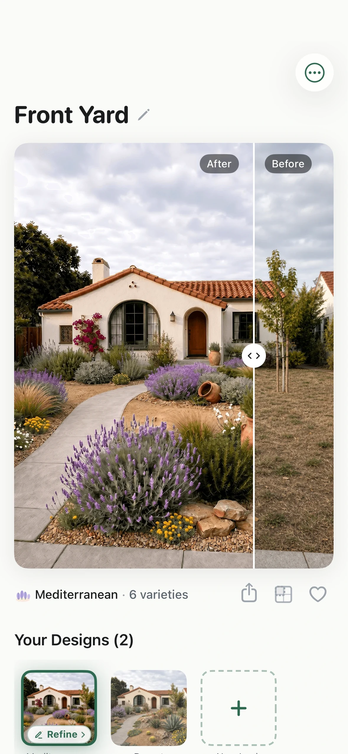 Garden detail view showing before and after transformation with design notes