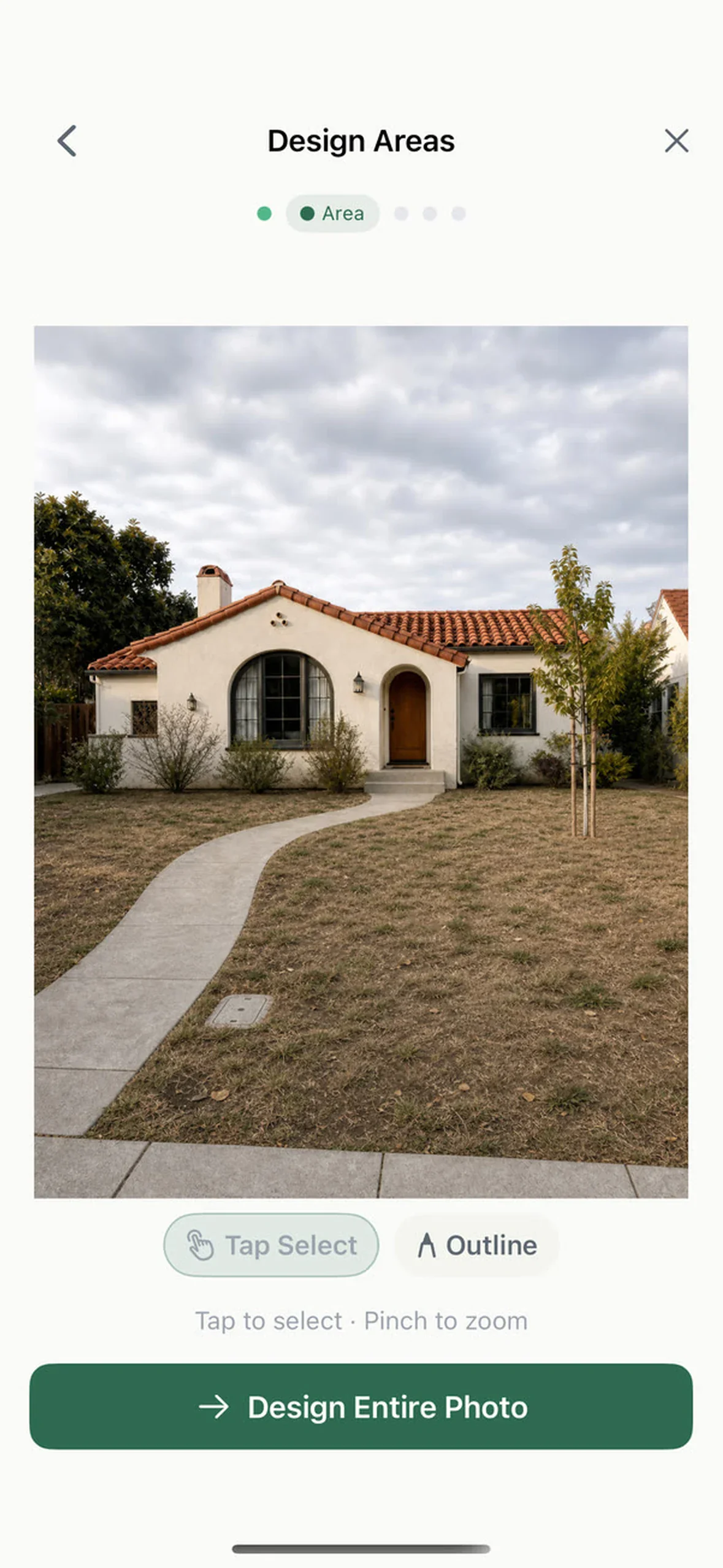 Design Areas screen showing a front yard photo with Smart Fill and Draw tools