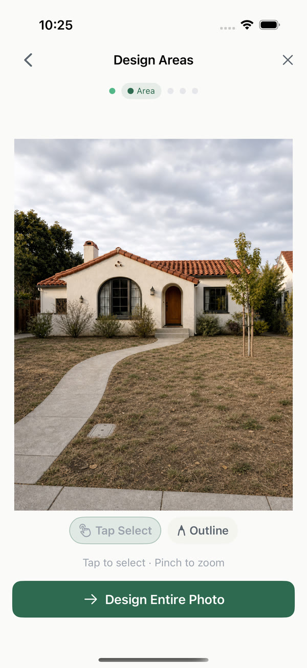 Design Areas screen showing a front yard photo with Smart Fill and Draw tools