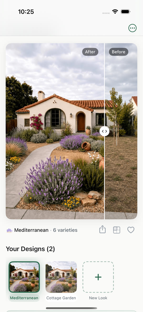 Garden detail view showing before and after transformation with design notes