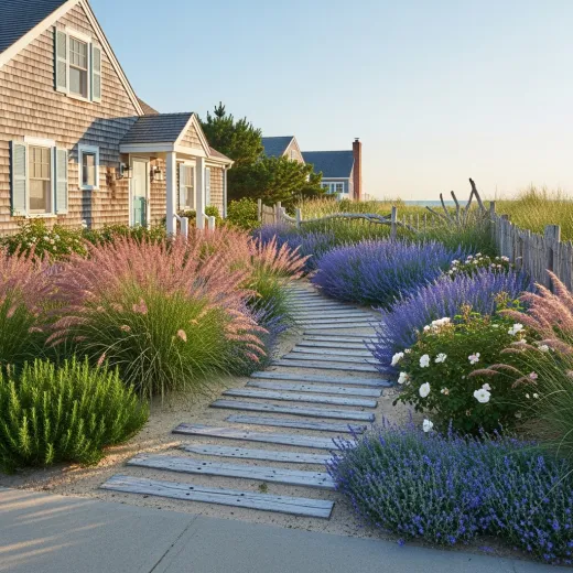 Coastal garden with ornamental grasses, seaside plants, and boardwalk path