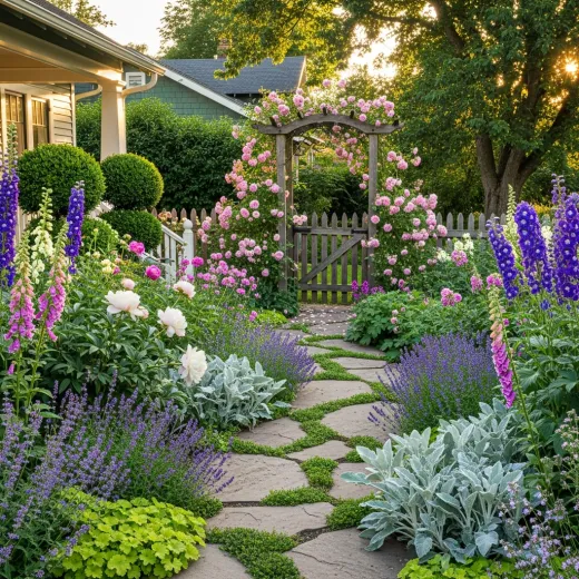 Cottage garden with lavender pathways and climbing roses on a wooden arbor