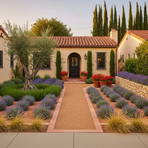 Mediterranean courtyard with lavender, olive trees, and terracotta accents