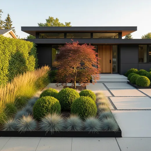 Modern landscape with geometric hardscaping, ornamental grasses, and boxwood spheres