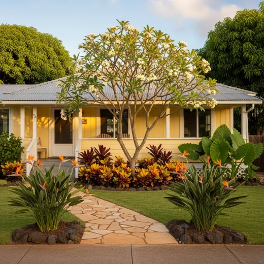 Lush tropical garden with broad-leaf plants and vibrant greenery