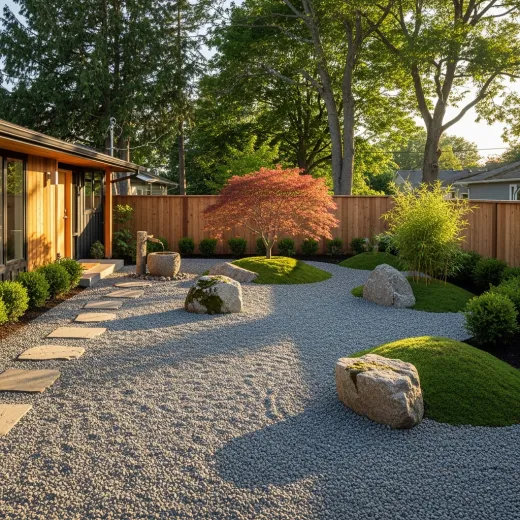 Zen garden with raked gravel, stepping stones, and minimalist plantings